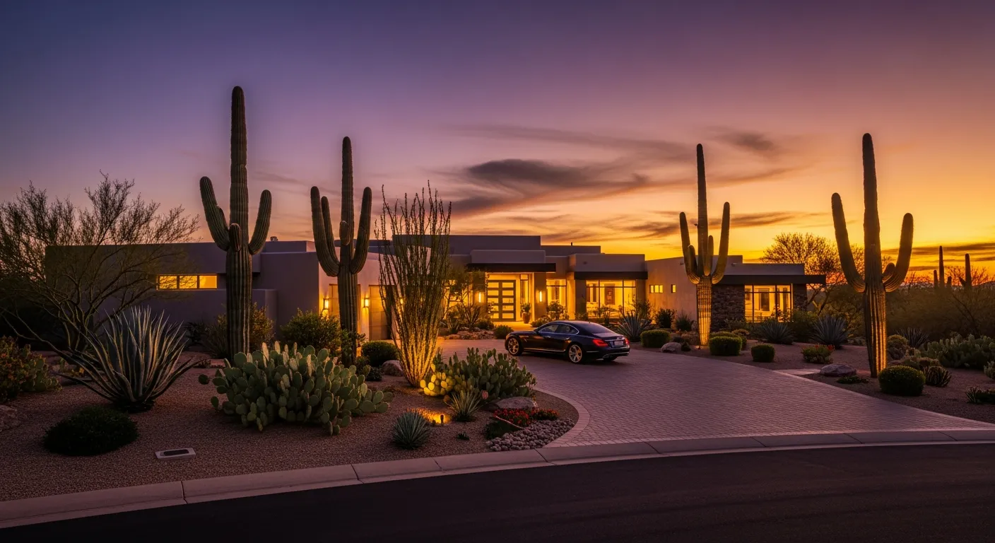 Arizona luxury home at twilight with saguaro cacti and desert sunset