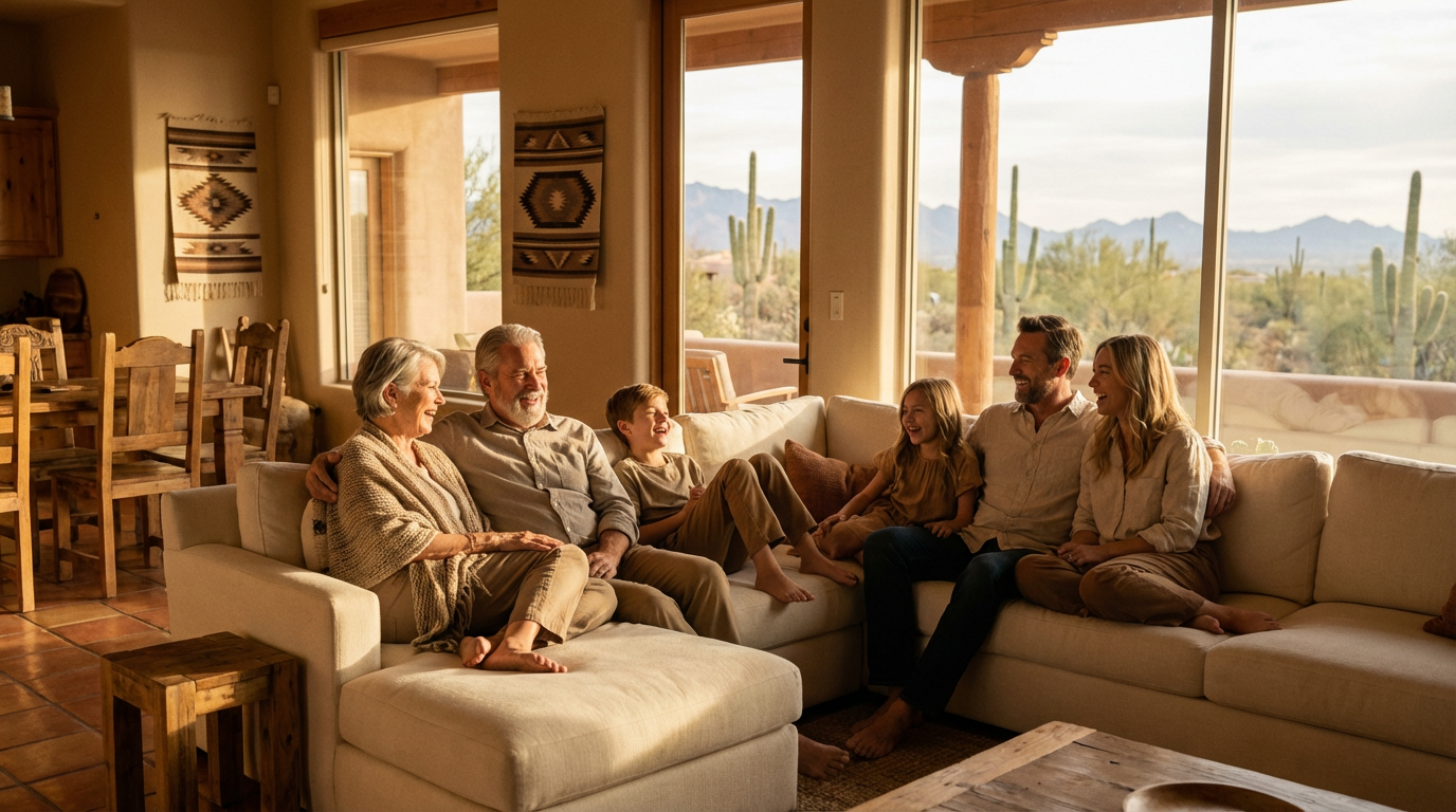 Multi-generational Arizona family relaxing together in a warm southwestern living room