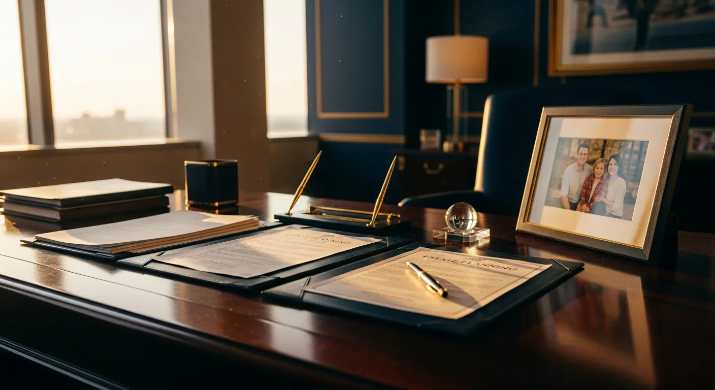 Elegant executive desk with estate planning documents and gold accents