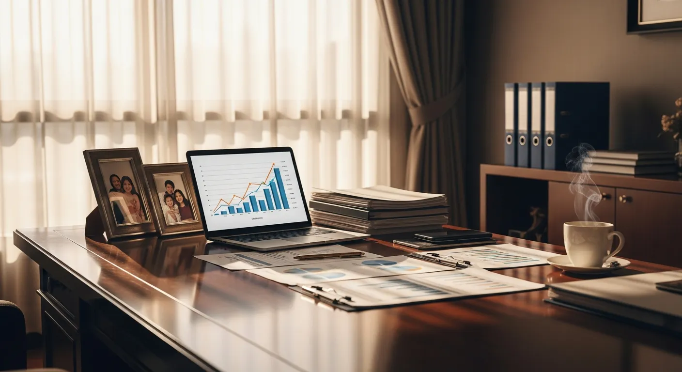 Professional home office with financial documents and growth charts