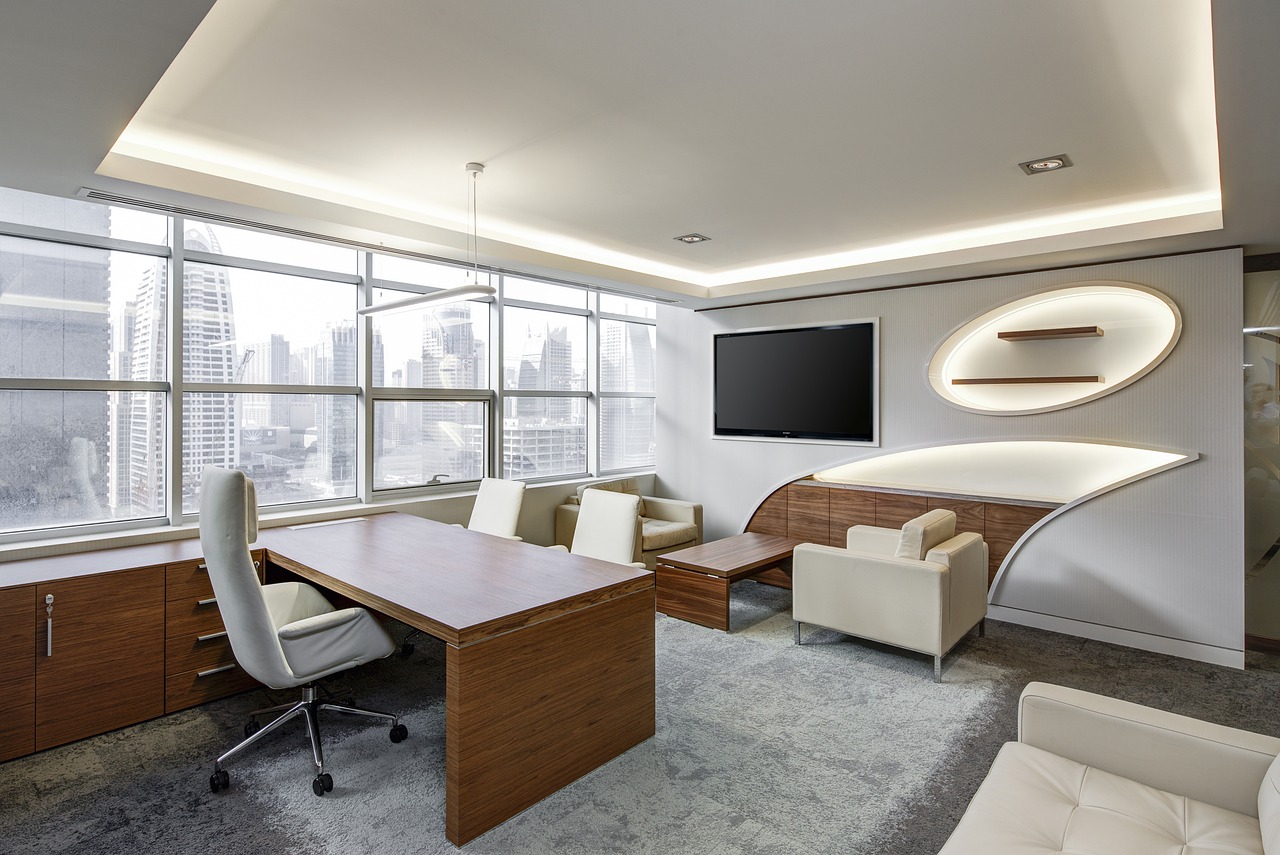 Executive office with professional cityscape view