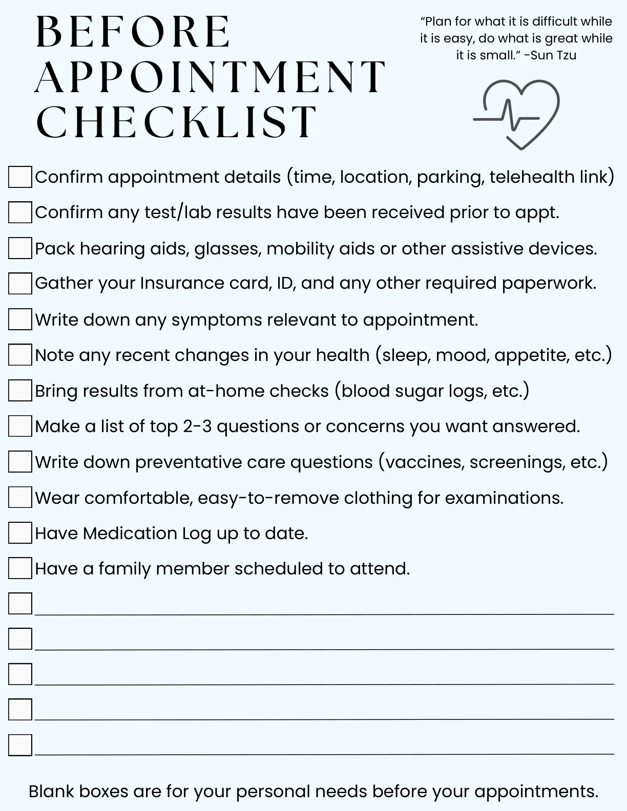 Before-appointment checklist page from the Personal Health Planner