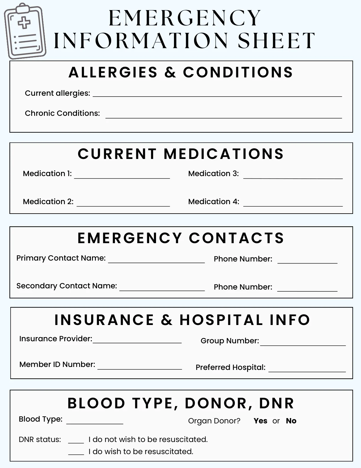Emergency information sheet page from the Personal Health Planner