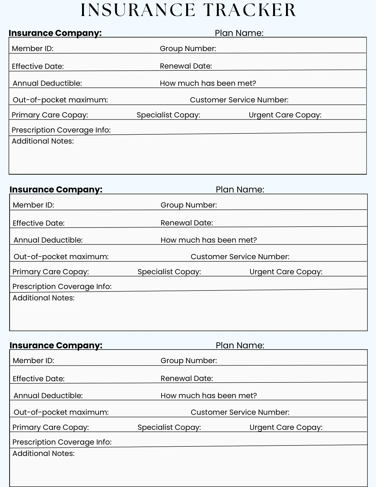 Insurance tracker page from the Personal Health Planner
