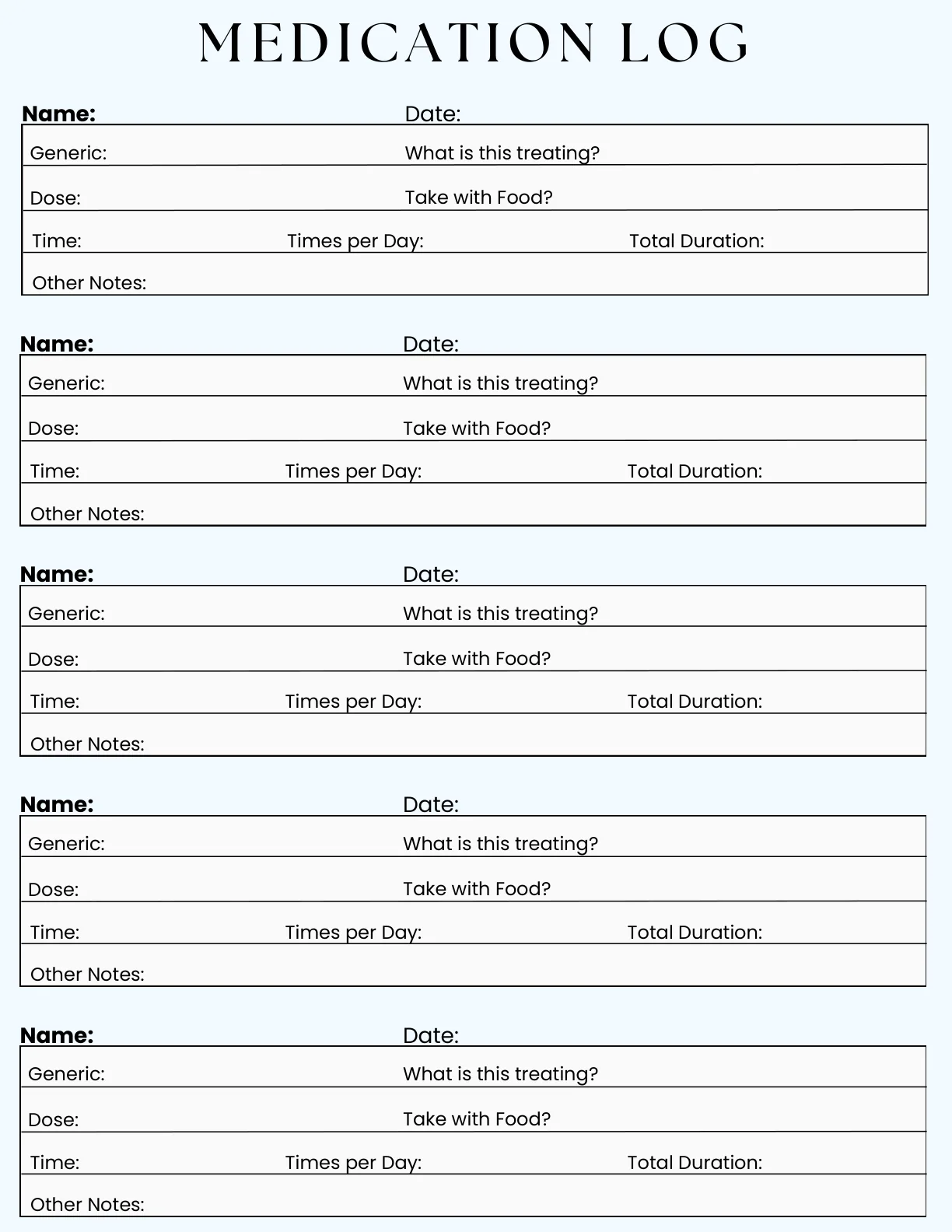 Medication log page from the Personal Health Planner